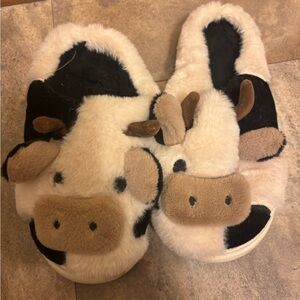 Cow Print Plush Slippers - gently worn